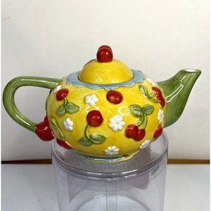 Oneida Hand Painted Teapot Cherries Yellow Blue Red Green 4.5" x 7" Blossoms